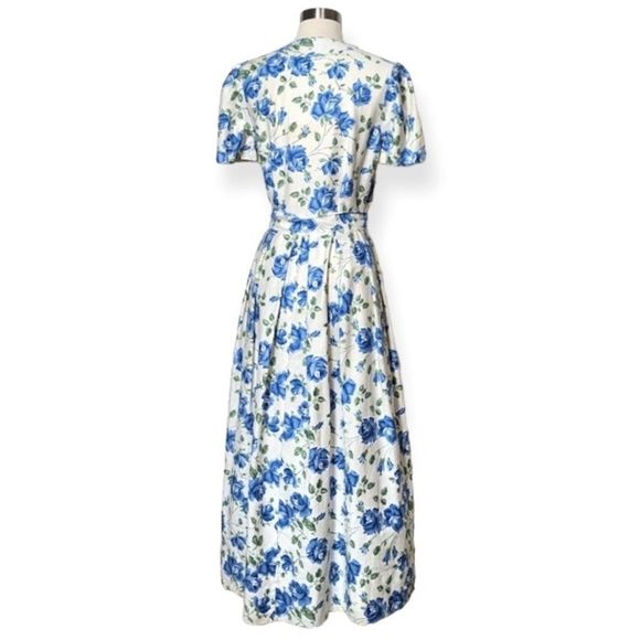 SOLD Vintage 50s Handmade Blue Floral Print Midi Maxi Wrap Dress Short Sleeve - Picture 2 of 16